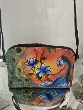 Sharif Painted Peacock Crossbody Bag - Blue, Green, Orange